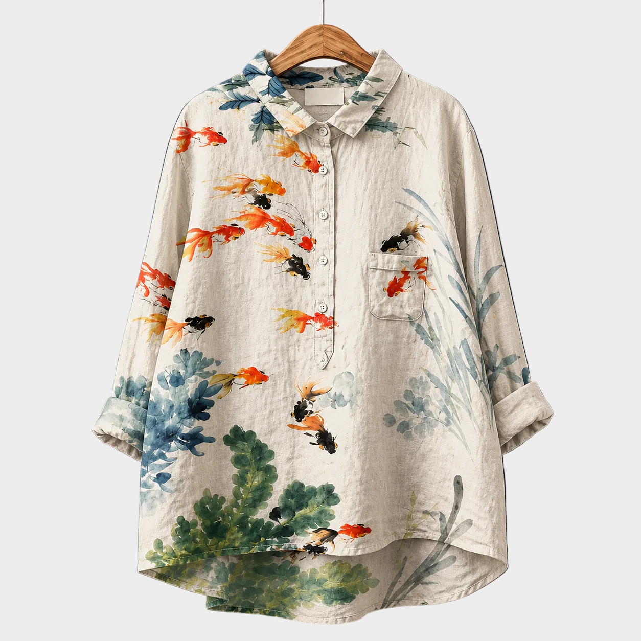 コズエ｜生成りに金魚と水草のシャツブラウス