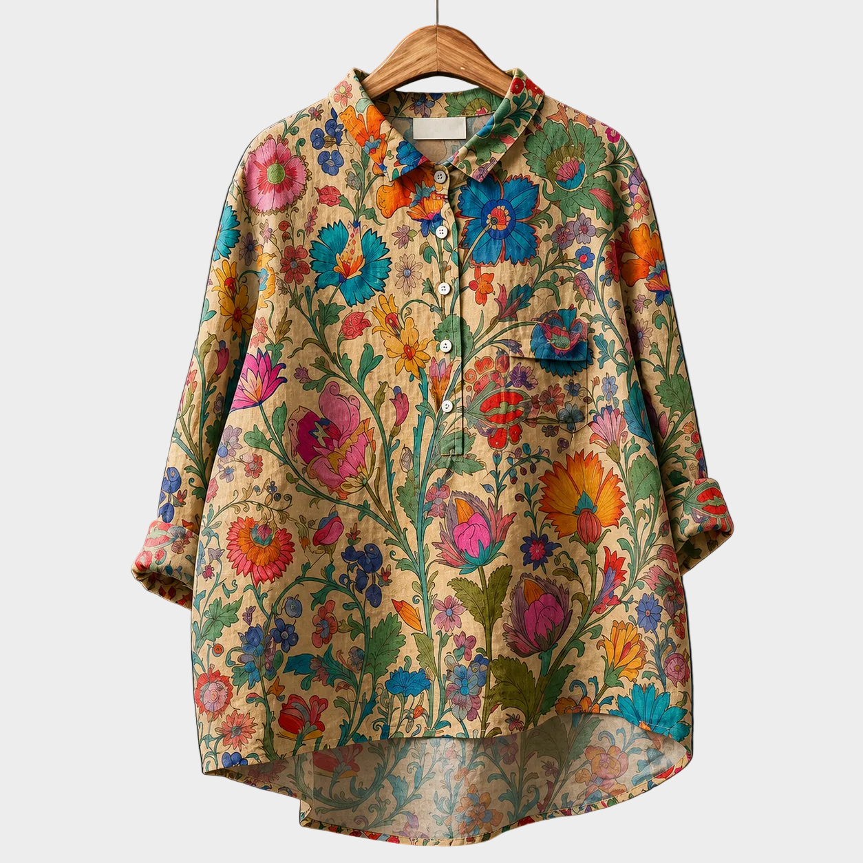 アヤカ｜草花模様のベージュシャツブラウス