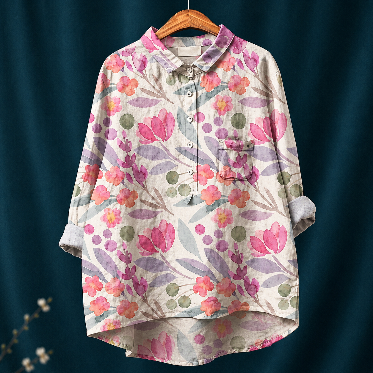 ソナタ｜淡いピンクの草花柄シャツブラウス