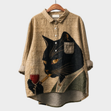 アオバ｜ベージュにワインと黒猫のシャツブラウス