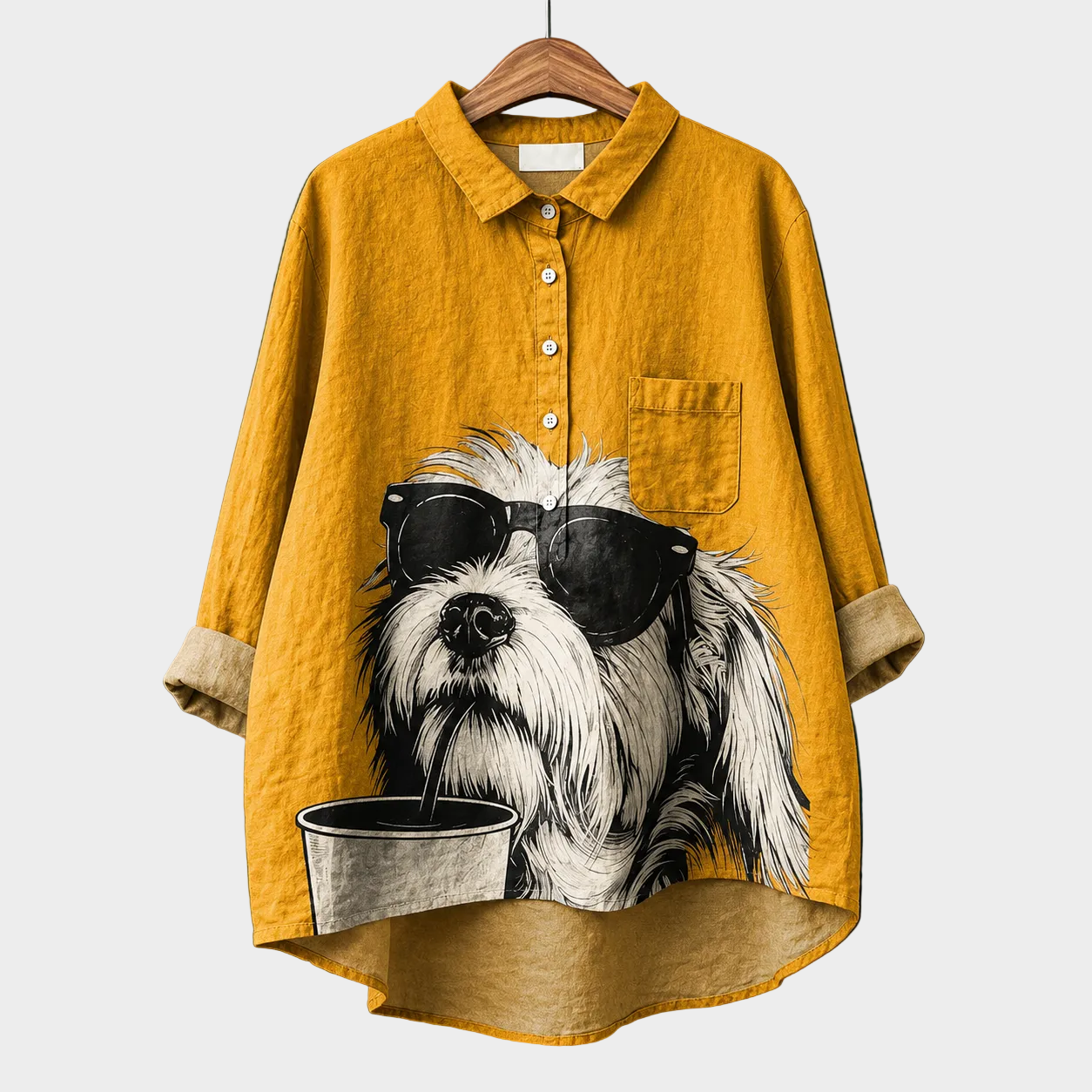 ツムギ｜サングラス犬のマスタードシャツブラウス
