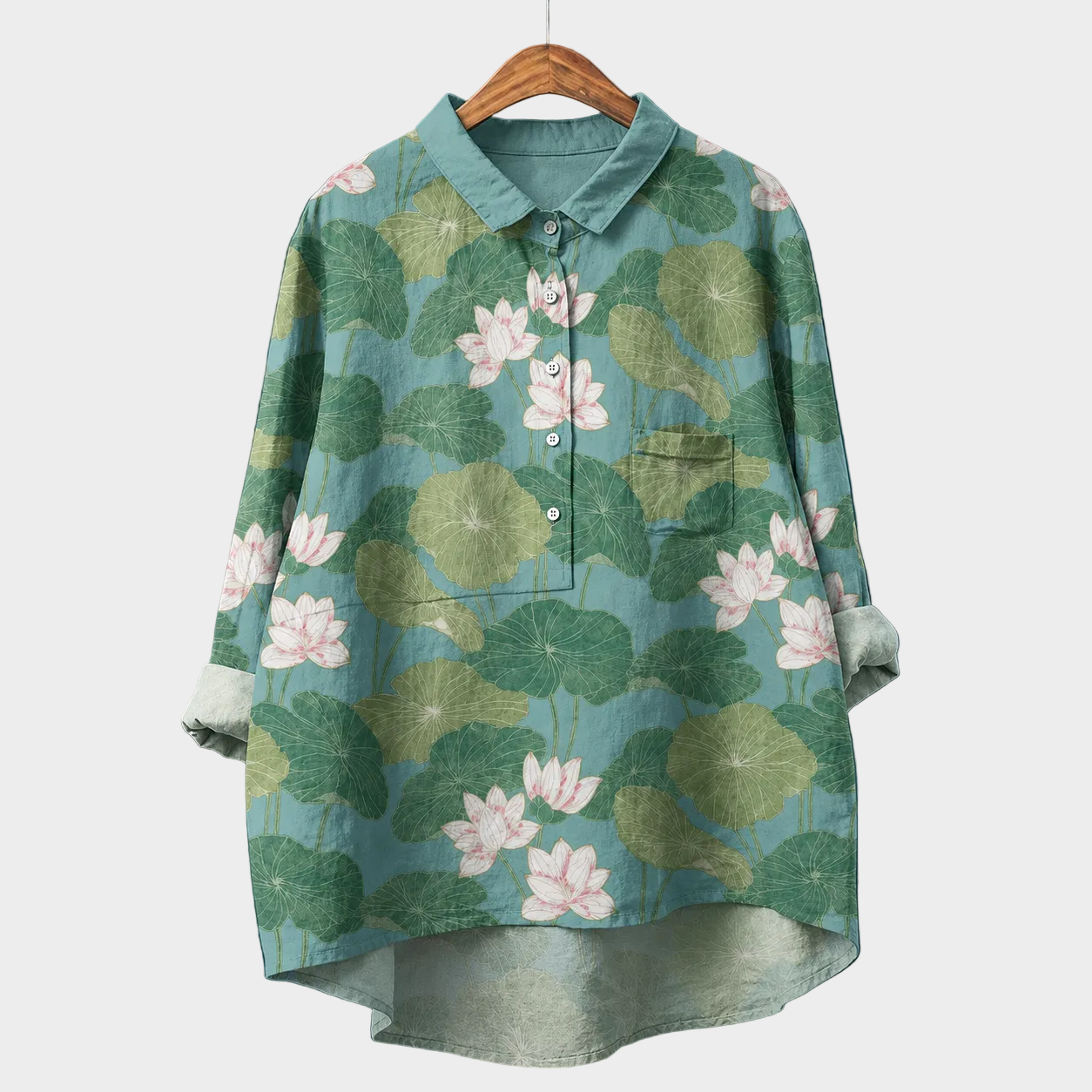 ミナ｜くすみ緑に蓮の花のシャツブラウス