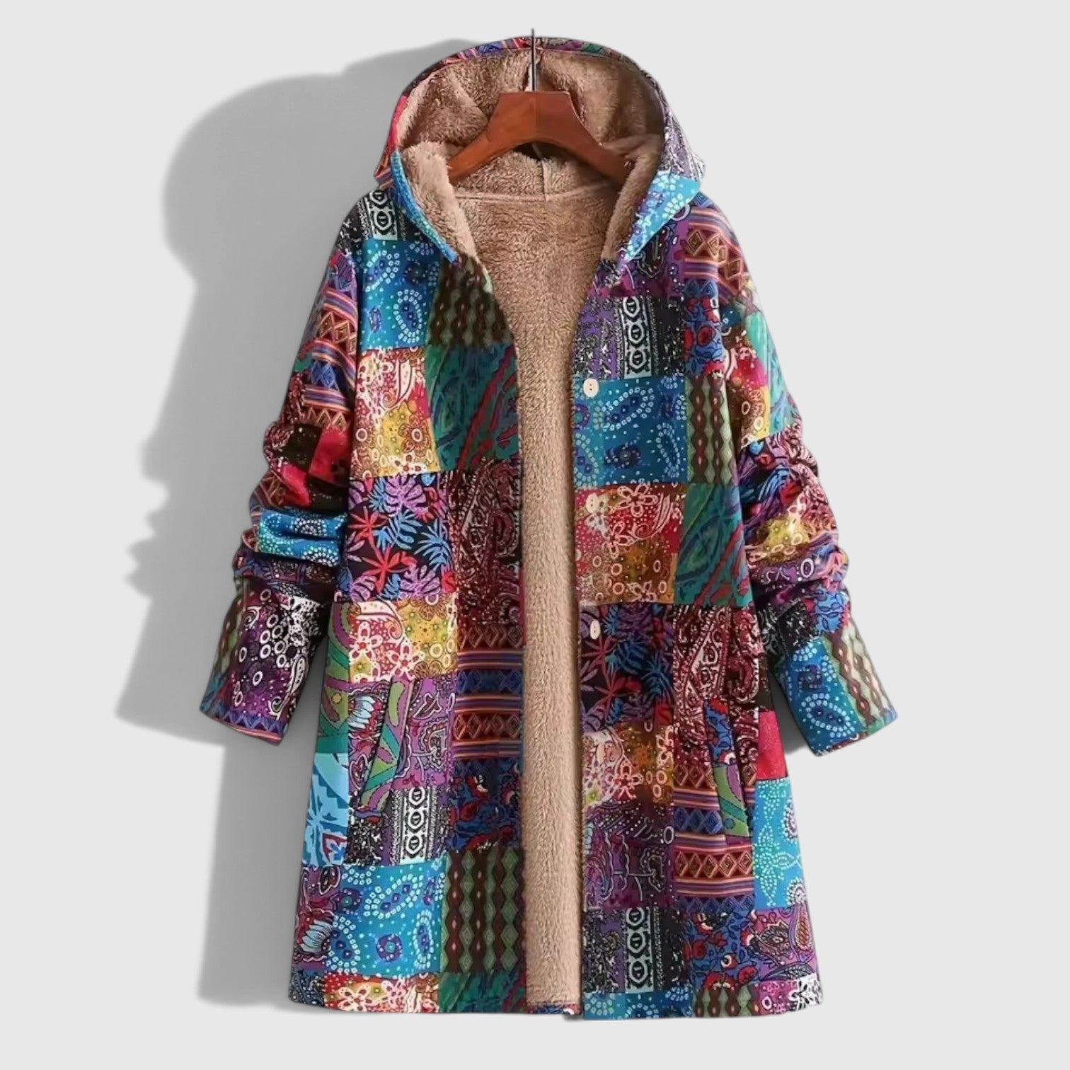 フウカ｜青と赤の花柄パッチワークロングボアコート